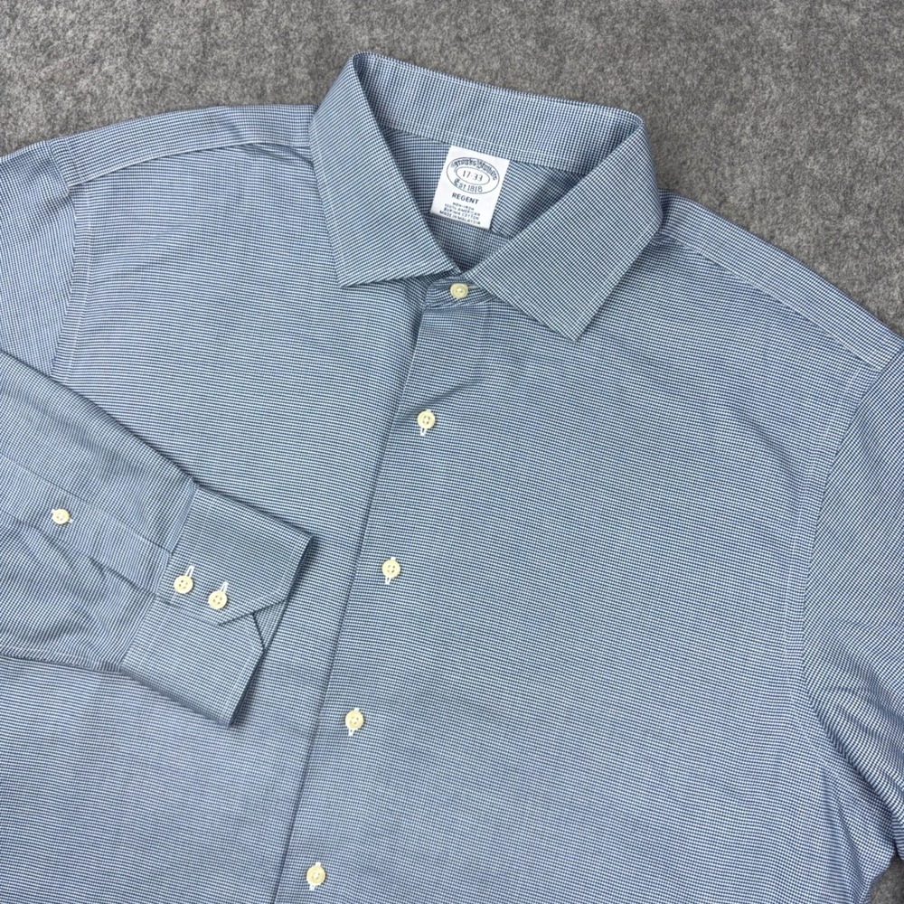Brooks Brothers Dress Shirt Mens 17 33 Blue Micro Houndstooth Regent Business